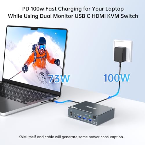 Image of USB C HDMI KVM Switch 2 Monitors 2 Computers 4K@60Hz,Dual Monitor USB Type-C Docking KVM Switches for Laptop & Desktop Share 2 Monitor and 4 USB3.0 Devices,Support 80W Charging for Laptop