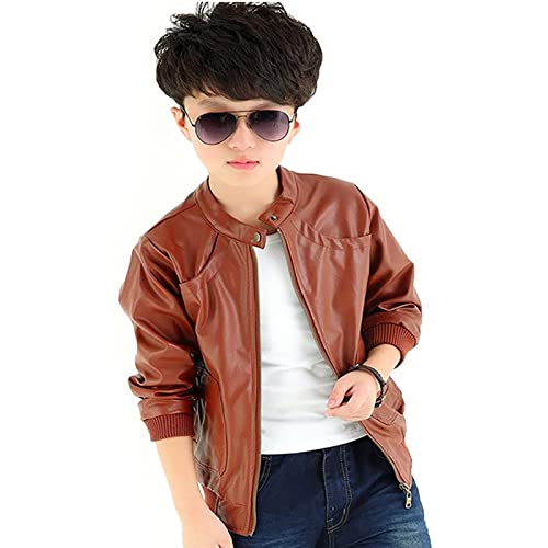 Toddler Kids Boys Zipper Leather Jackets Motorcycle Faux Leather Coats Fall Winter Outerwear Coat (Brown, 6-7 Years)3