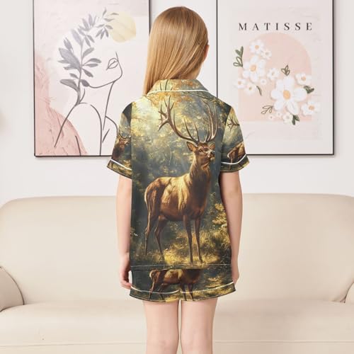 ALAZA Deer Tree Sun Animal Satin Pajamas Set Short Sleeve Button Down Sleepwear Summer Pjs 2 Piece4