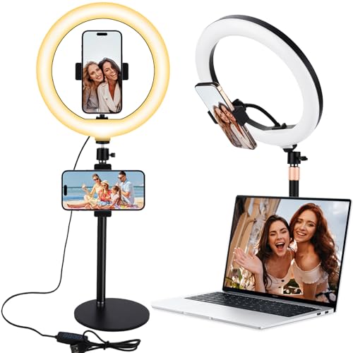 IGUGI Aro de Luz con Tripode,10,2 Anillo de luz LED de Escritorio,Aro Luz LED con Soporte Teléfono Escritorios,Ring Light LED de Escritorio Giratoria 360°,Apta para Maquillaje y Fotografía
