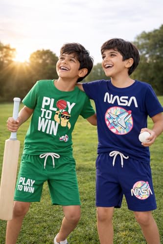 Image of NammaBaby Boy's Cotton Printed Premium Half Sleeves T-Shirt and Shorts Top and Bottom Set /Tshirt-Shorts with Pocket Combo of 2