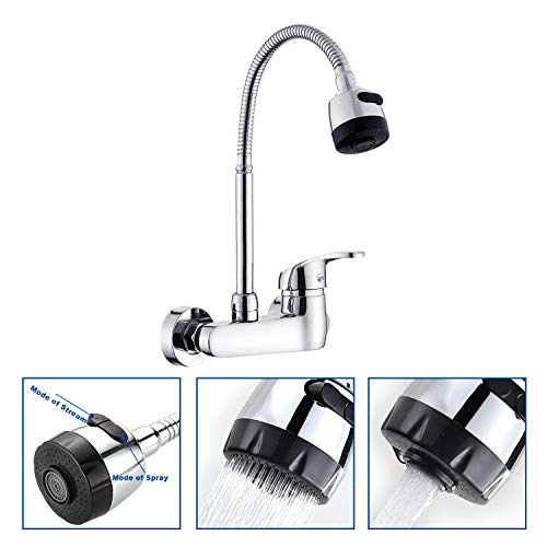 Wall Mount Faucet Kitchen 6 Inch Center Polished Chrome Commercial Single Handle Sprayer Mixer Bar Tap