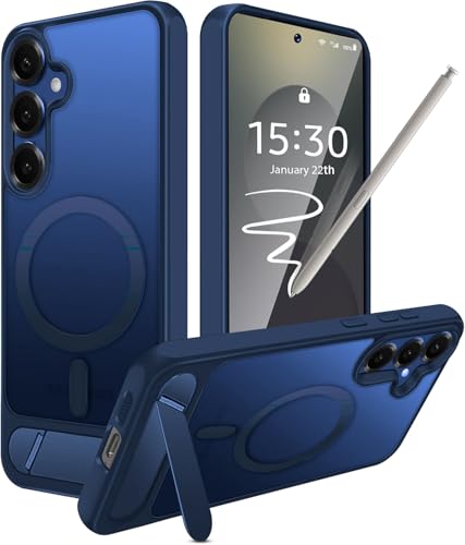 Elzzi Magnetic Cover Compatible for Samsung S25 5g Case with Adjustable Metal Kickstand, Compatible with Mag-Safe Translucent Matte Shockproof Protective Phone Case, Blue