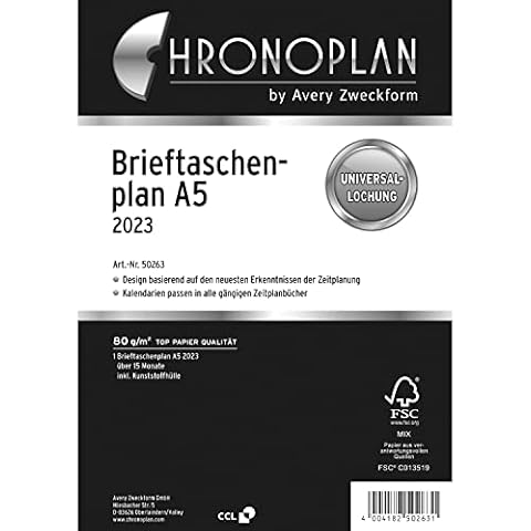 AVERY Zweckform Chronoplan 50263 Kalendereinlage 2023, Brieftaschenplan im A5 Format , Ersatzkalendarium, Universallochung zum Einhängen in A5-Ringmechanik Cover