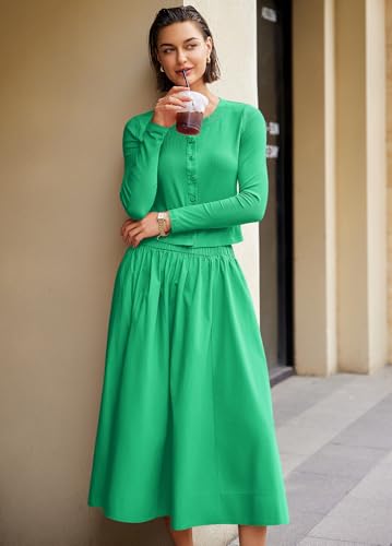 Image of Panadila Womens 2 Piece Lounge Sets Matching Vacation Outfits Ribbed Button Down Cardigan and Elastic Waist Skirt Sets