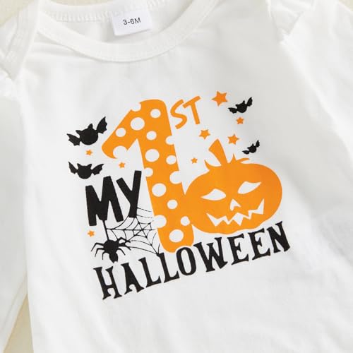 Infant Baby Girl Halloween Outfit Letters Pumpkin Ghost Print Long Sleeves Romper Shorts Halloween Clothes 4Pcs4