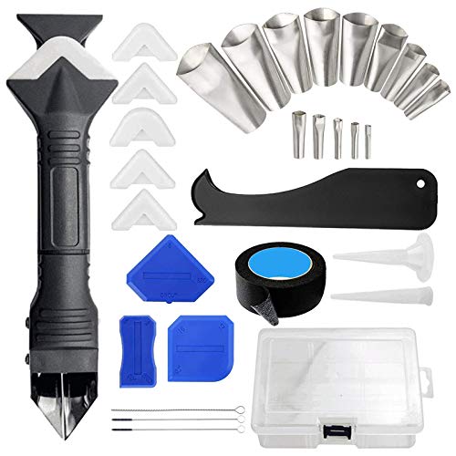 Caulking Finisher Tool Kit, Aulufft 32 Pcs 3 in 1 Stainless Steel Sealant Caulk Nozzle Applicator Set, Smear Polishing Grout Scraping Tools, Caulk Scraper for Bathroom Kitchen Window Sink Joint