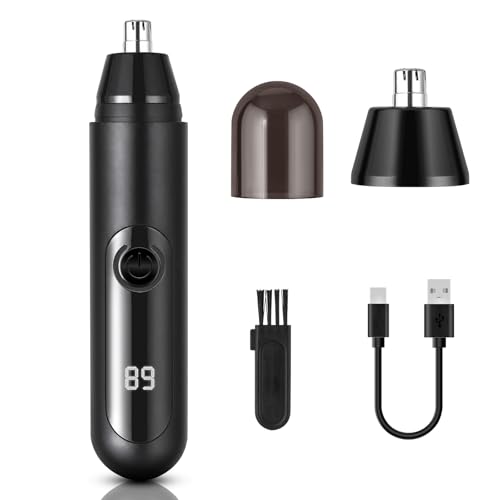 Cortapelos Nariz, 2 en 1 Cortapelos Nariz y Oreja Unisex, Cortador Pelos Nariz Con Pantalla LED y Carga USB-C, Indoloro Recortador Pelos Nariz, Cabezal de Doble Filo, Resistente al Aguan, Negro