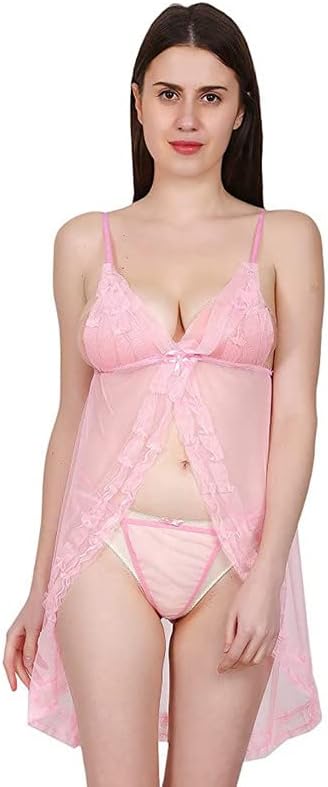 Fihana, Babydolls Lingerie for Honeymoon/Women's Babydoll Nightwear/Babydoll Net Sleepwear, Color Pink, Size-S