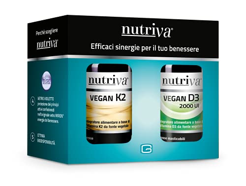 Nutriva Pack Vegan K2 400mg e Vegan D3 544mg, Integratori Alimentari in compresse, adatti per i vegani (Nutriva Vegan K2 30 compresse e Nutriva Vegan D3 60 compresse masticabili)