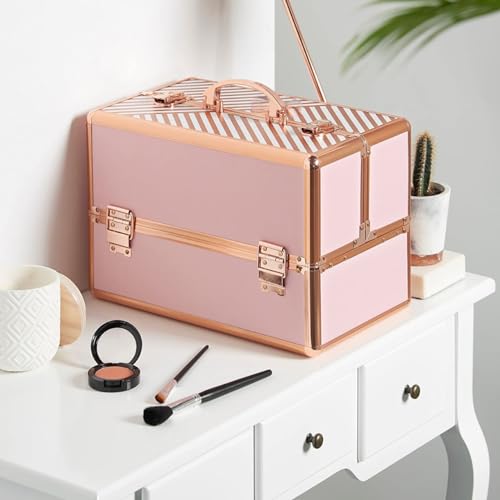 Image of ADSON Nylon Professional Makeup Box Cosmetics Case Jewelry Organiser Vanity Make Up Storage Box Beauty Train Case Lockable with Keys (Striped Rose Gold)