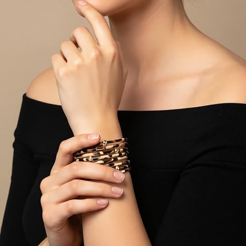Fesciory Leopard Bracelet for Women, Boho Leather Wrap Multi-Layer Pearl Crystal Bracelet Bangle Jewelry - Image 5