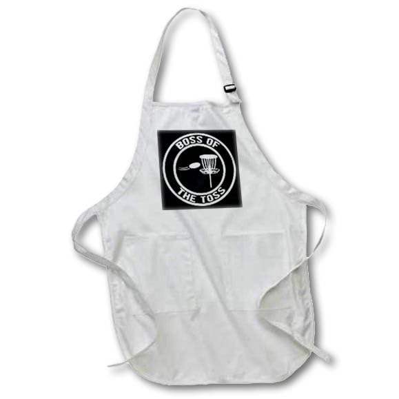 BLACK Full Length Apron with Pockets 22w x 30l - Boss of the Toss in a circle with disc golf basket and disc on black. Stamp City - typography - disc golf