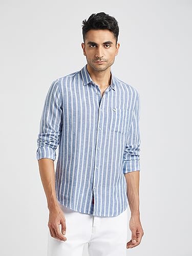Image of THE BEAR HOUSE Men Blue Vertical Striped Slim Fit Cotton Linen Casual Shirt|TBH-IDI-BL