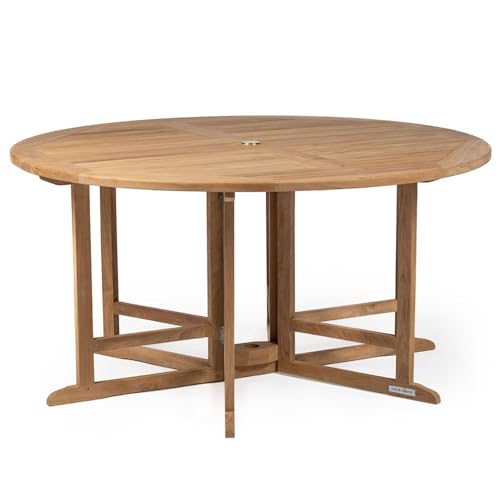 Ash & Ember Luna Grade A Teak 59" Round Dining Table, Drop Leaf Design, Indoor Outdoor Patio or Porch Dining, Weather Resistant Solid Wood with Umbrella Hole