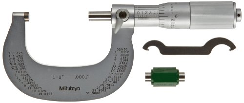 Mitutoyo 101-118 Outside Micrometer, Satin-chrome Finish, Friction Thimble, 1-2" Range, 0.0001" Graduation, +/-0.0001"