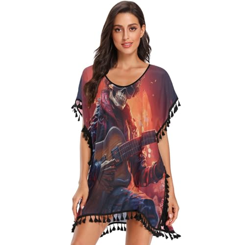KAAVIYO Fire Skeleton Guitar Women's Beach Cover Up Chiffon Tassel Swimwear Swimsuit Coverups for Girl