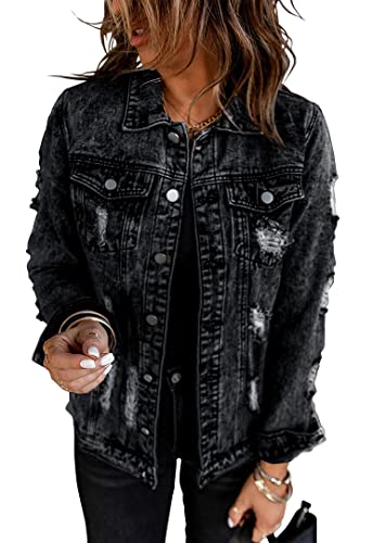 Necooer Womens Denim Jean Jacket Long Sleeve Button Denim Jacket Distressed Ripped Boyfriend Black Jean Coat (X-Large,A-Black) #TOP1