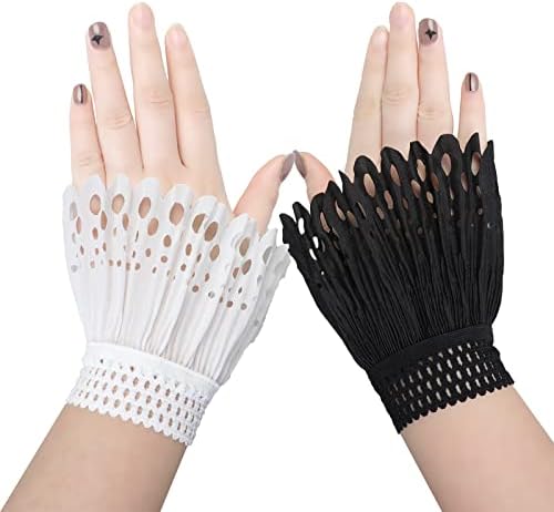 JK Home 2 Pairs False Sleeve Wrist Cuff Gloves, Lace Ruffle Layered Stretch Detachable Fake Sleeve Cuffs, Gothic Steampunk Jabot Cuffs Bracelet Costume