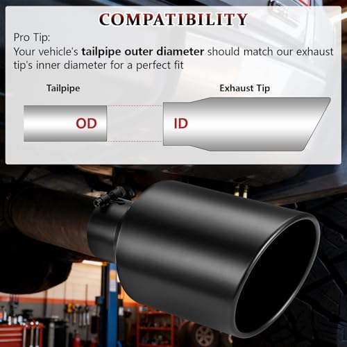 Image of Exhaust Tip 4 inch Inlet 8 inch Outlet 15 inch Long, High Performance Stainless Steel, Peel-Resistant Black Powder Coated, Rolled Angle Cut, Bolt-On Diesel Tail Pipe, Universal for Car Truck