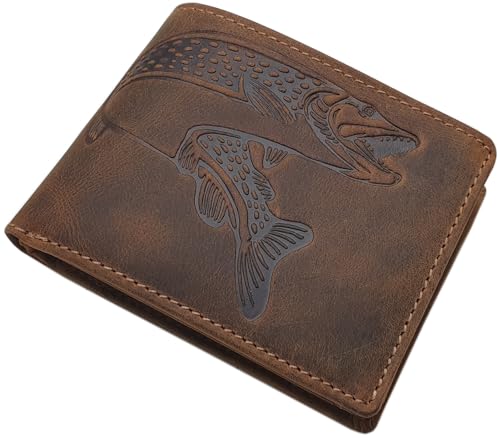 myledershop Echt Büffel-Vollleder Geldbörse/Geldbeutel/Portemonnaie/Geldtasche in Querformat mit Fisch-Motiv und RFID & NFC Schutz (Braun)