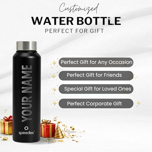 Image of Speedex Customised Engraved Name Stainless Steel Water Bottle 1 Ltr - Personalised Screw Cap Bottle for Kids, Men & Women, School, Office, Gym, Black, Set of 1