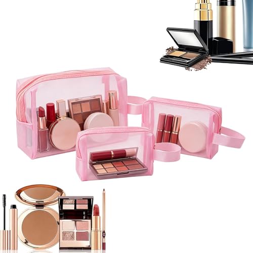 de maquillaje en | Juego de 3 piezas portátiles con cremallera | de viaje de malla, para dormitorio, oficina, hogar, gimnasio, baño, rosa, Se référer au descriptif, Consulte la descripción