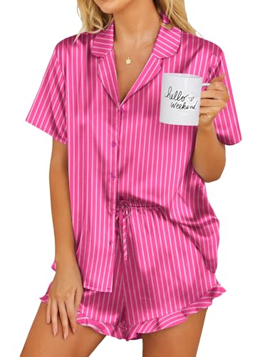 Image of Ekouaer Womens Satin Pajamas Set Button Down 2 Piece Silk Pjs Shorts Set Ruffle Lingerie Notch Collar Sleepwear