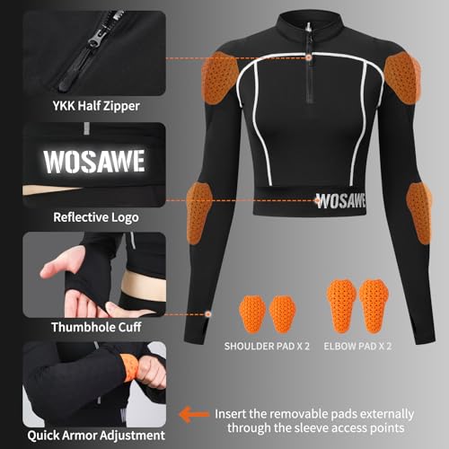 WOSAWE Womens Motorcycle Jacket Cropped Half Zipper Pullover Padded Summer Motorbike Shirt Scooter Riding Gear, Black L - Thumbnail 5