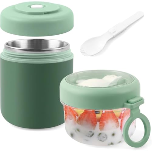 Image of 860ML Double Layer Lunch Container for Office & School, Insulated Food Jar with Snack Compartment, Leakproof Portable Bento Box, Round Lunch Box for Men Women Kids - Green