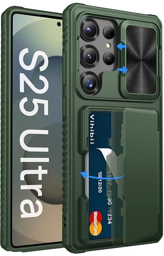 Image of Vihibii for Samsung Galaxy S25 Ultra Case with Card Holder (4 Cards), RFID Blocking & Slide Camera Cover, Military Grade Drop Protection, Rugged Hard Back & Silicone Edge Wallet Case, 6.9 inch 2025, Green