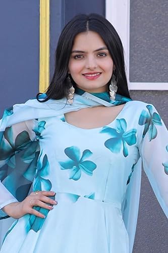 Image of DIGAMBARA Digital Floral Printed Anarkali Gown for Women, Georgette, Ethnic Wear, Fit and Flare, Dresses with Dupatta for Womens and Girls, Full Sleeves, Sky Blue