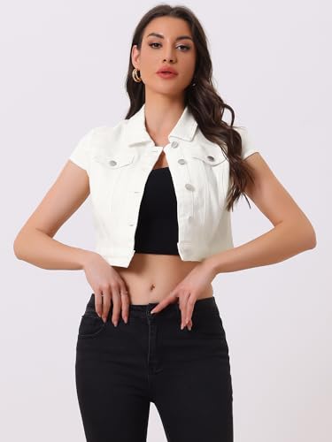 Allegra K Women's 2024 Summer Button Down Cap Short Sleeve Cropped Jean Denim Jacket3