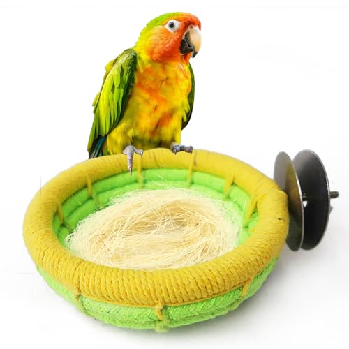 Image of Cotton Rope Parakeet Nest Handmade Bird Breeding Nest Cockatiel Hatch Rope Bed Green Base Canary Snack Bowl for Parrot Conure Finch Budgie Lovebird