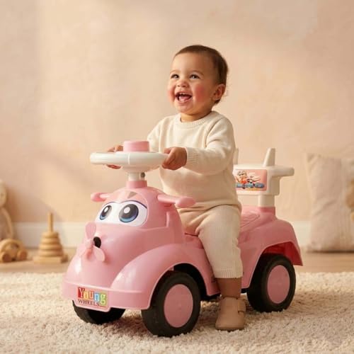 Image of Kids Ride On Pink Car for Toddlers with Steering Wheel & Backrest | Foot to Floor Baby Push Car | Indoor Outdoor | Strong Wheels & Comfortable Seat | Racing Design for Boys & Girls (1-3 Years)