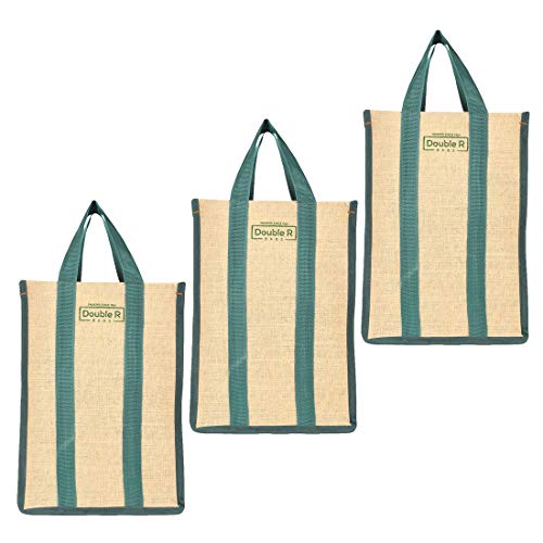 Image of DOUBLE R BAGS Laminated Jute Reusable Shopping Bags Kitchen Essentials Grocery Vegetable Lunch Carry Bag With Full Handles Multi-purpose Bag Stylish Designs (Green) Pack of 3