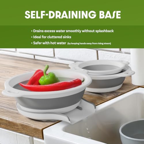 Gevoli Collapsible Colanders (3 Pack Set) Food Strainers with Over-Sink Water Draining Base for Pasta Fruits and Vegetables (Patent Pending) White (3 Sizes, 3QT, 4QT and 5 Quart) - Image 3