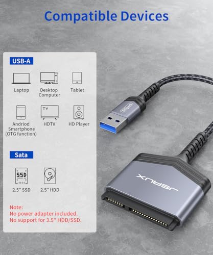Image of JSAUX SATA to USB Cable, USB 3.0 to 2.5 inch SATA III Hard Drive Adapter Aluminum Shell Nylon Cord External Converter for SSD /HDD Supports UASP, Trim and Smart Compatible with Windows, MacOS and Linux | USB 3.0 to 2.5 inch SATA III Hard Drive Adapter External Converter Supports UASP, Trim and Smart For Windows, MacOS and Linux
