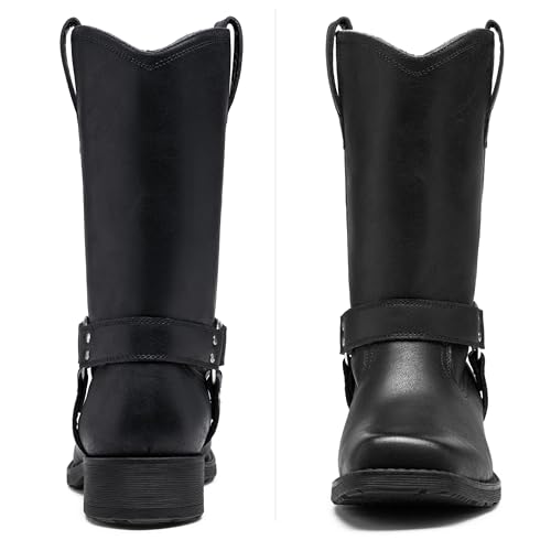 Image of Jousen Cowboy Boots for Men Leather Harness Square Toe | Retro Western Style Easy Pull-On Design Strap & Buckle Detail Engineer-Inspired Biker Motorcycle & Casual Wear