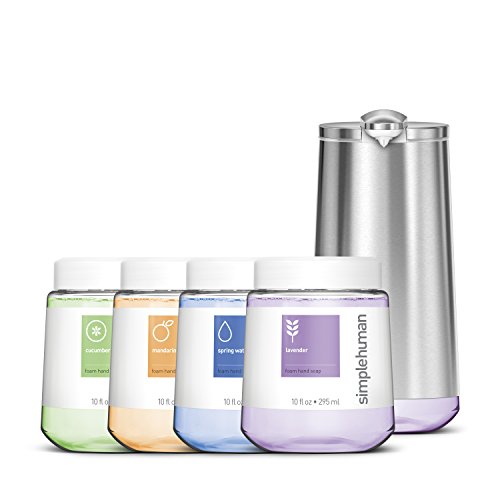 simplehuman Foam Sensor Pump with Variable Dispense Starter Kit, High-Grade Brushed Stainless Steel, Lavender, Mandarin Orange, Spring Water, and Cucumber Foam Hand Soap Cartridges Included