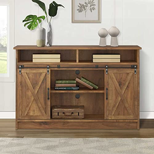 4Ever2Buy Coffee Bar Cabinet With Storage, Farmhouse Sideboard Buffet Cabinet With Sliding Barn Door, 52'' Kitchen Cabinet With Adjustable Shelves，Coffee Bar Table For Living Dining Room，Rustic Oak #TOP6