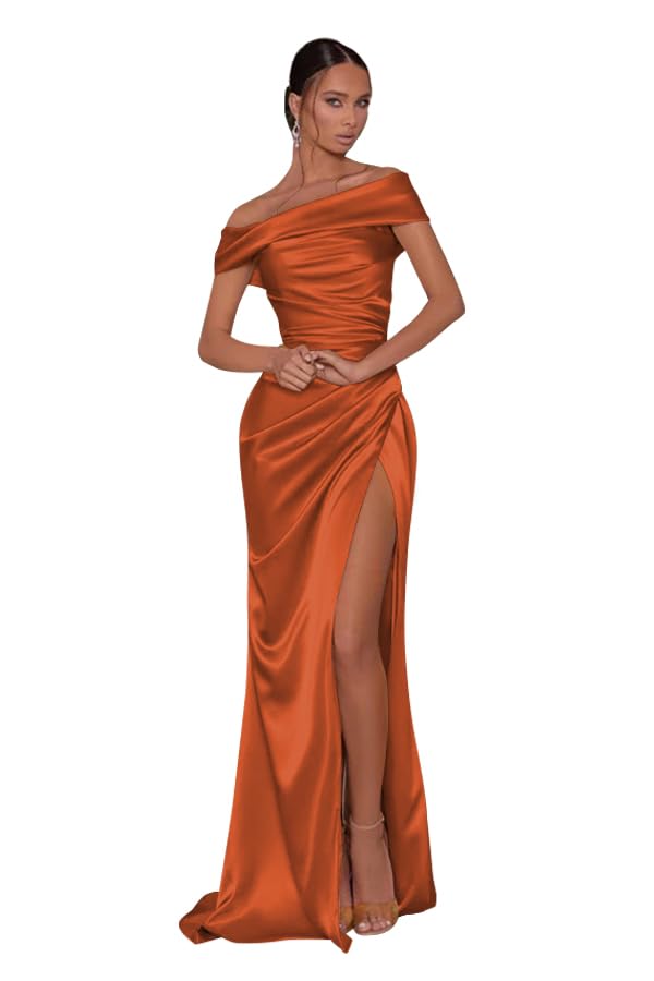 Image of GUKARLEED Long Burnt Orange Satin Bridesmaid Dresses for Women Backless Formal Dress with High Slit One Shoulder Prom Dress US 8