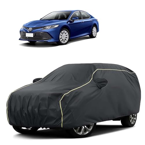 Image of Sulfar 100% Water Resistant Car Body Cover Compatible with Mirror for Toyota Camry (Triple Stitched, Full Bottom Elastic, Dark Grey Taffeta with Yellow Piping)