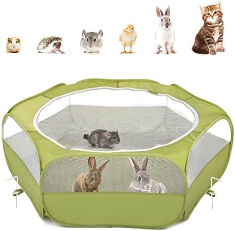 Pawaboo Small Animals Playpen, Waterproof Small Pet Cage Tent with Zippered Cover, Portable Outdoor Yard Fence with 3 Metal Rod for Kitten/Puppy/Guinea Pig/Rabbits/Hamster/Chinchillas, Green