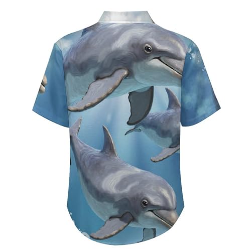Camisa con estampado 3D de delfines: estilo informal con cuello de solapa 3