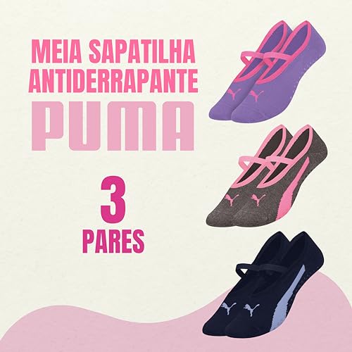 Kit 3 Pares Meia Sapatilha Puma Antiderrapante Pilates Feminino Adulto, 1 Marinho - 1 Preto Mescla -