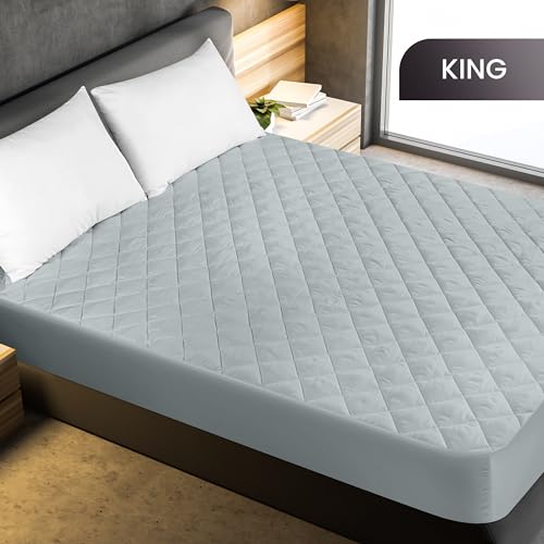 Image of Utopia Bedding Quilted Fitted Mattress Pad, King Size, Elastic Fitted Mattress Topper Protector and Cover with Deep Pocket Stretches up to 16 Inches, Machine Washable (Light Grey)