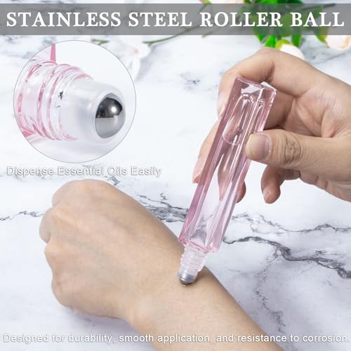 Yebeauty Glass Roller Bottles for Essential Oils 10ml Compact Travel Roll on Bottles for Oil Massage with Golden Aluminum Cover, 4 Pack Perfume Rollerball Empty with Opener, Funnel, Dropper, Pink4