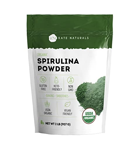 Kate Naturals Spirulina Powder for Immune Support and Antioxidants USDA Organic, 100% Natural, Organic Spirulina Powder Non-GMO for Smoothies and Dogs. Green Superfood Powder Supplement