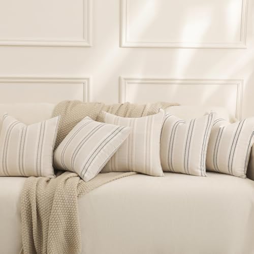 Image of Hckot Hand Made Decorative Khaki Pillow Covers 18x18 Striped Throw Pillows Textured Linen Pillow Covers Farmhouse Decor Cushion Covers for Couch Bed Living Room, Khaki